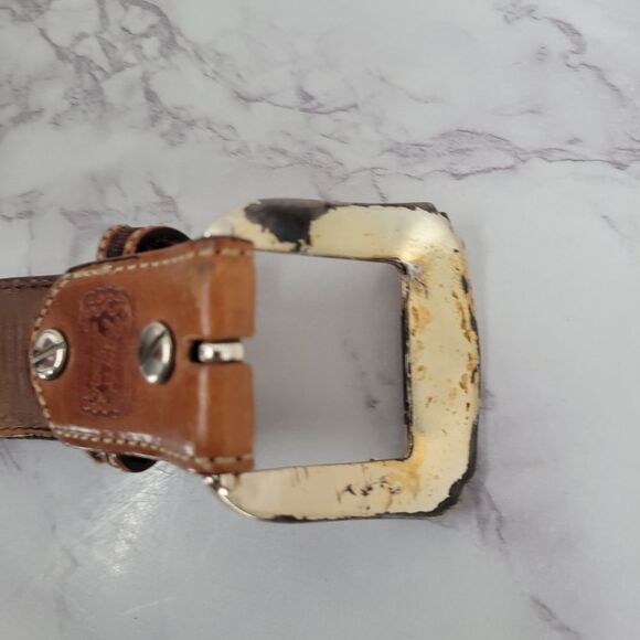 Tony Lama Brown Leather Floral Tooled Belt with Silver Buckle Top Hand - Picture 10 of 16